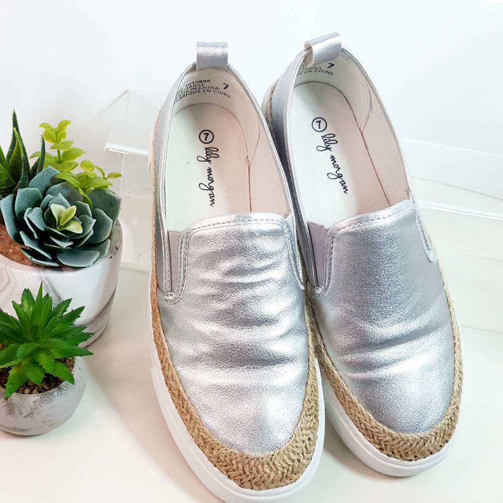 Lily Morgan Espadrille💮Slip On Platform Metallic Silver Leather Sneaker